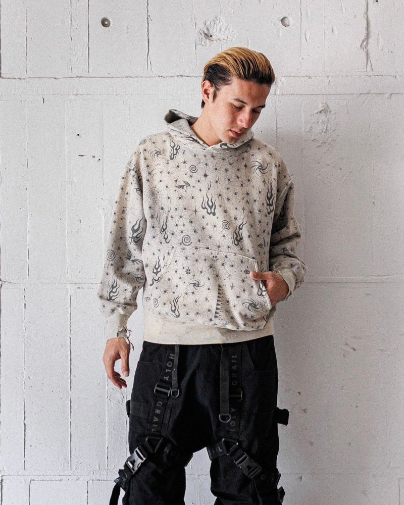 Essentials Oversized Hoodie – Grey with Spider & Flame Print view