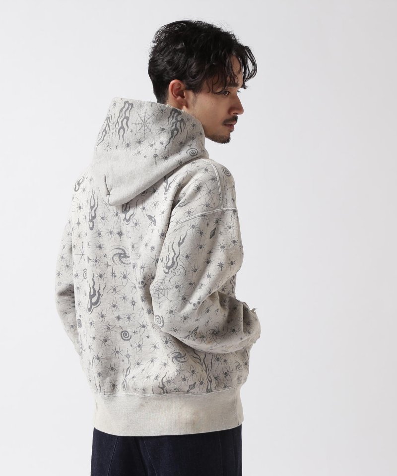 Essentials Oversized Hoodie – Grey with Spider & Flame Print view