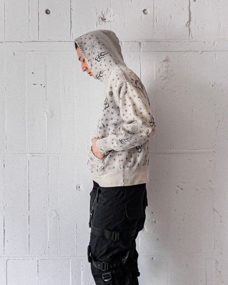 Essentials Oversized Hoodie – Grey with Spider & Flame Print view