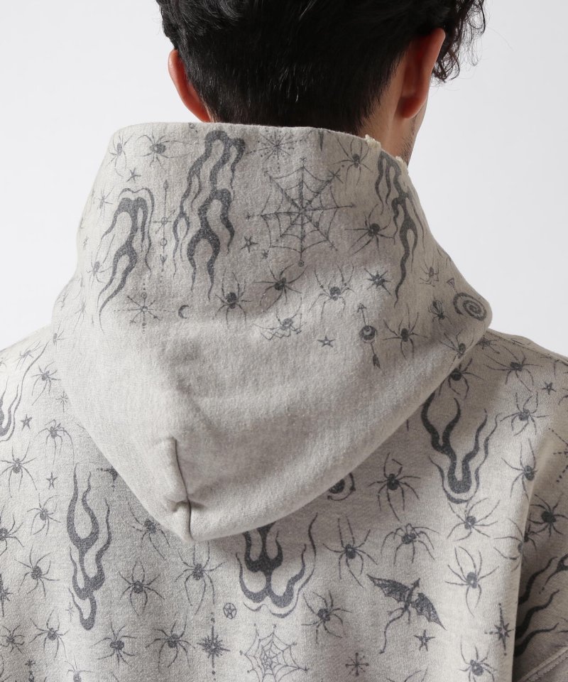 Essentials Oversized Hoodie – Grey with Spider & Flame Print view