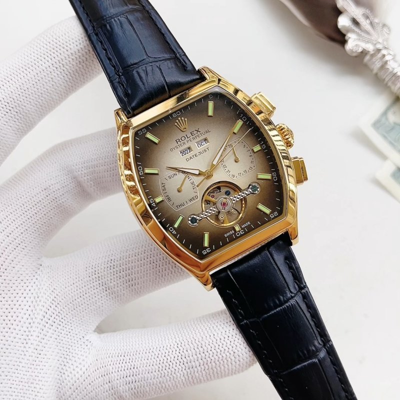 Rolex Tonneau Gold Automatic Watch Black Leather Strap