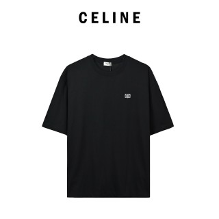 Celine Logo Embroidered Short Sleeve T-Shirt Black view 1