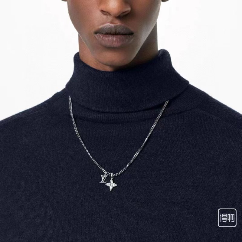 Louis Vuitton Floral Diamond LV Logo Silver Pendant Necklace