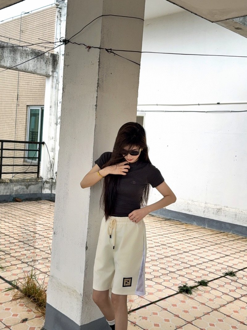Fendi Cream Mesh Panel Shorts with FF Logo view
