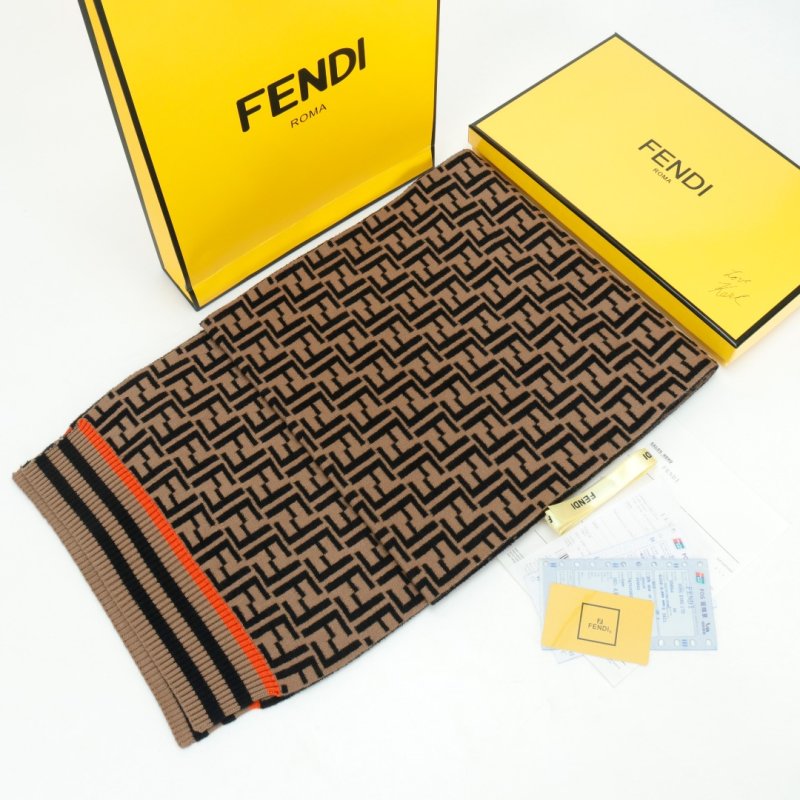 Fendi Monogram Logo Wool Blend Long Scarf Brown