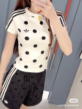 Adidas Polka Dot Three-Stripe Short Sleeve T-Shirt Cream view 4
