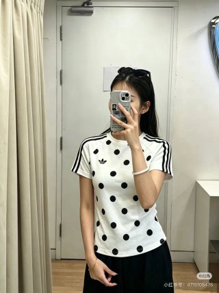 Adidas Polka Dot Three-Stripe Short Sleeve T-Shirt Cream view 7
