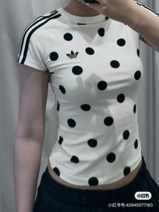Adidas Polka Dot Three-Stripe Short Sleeve T-Shirt Cream view 9
