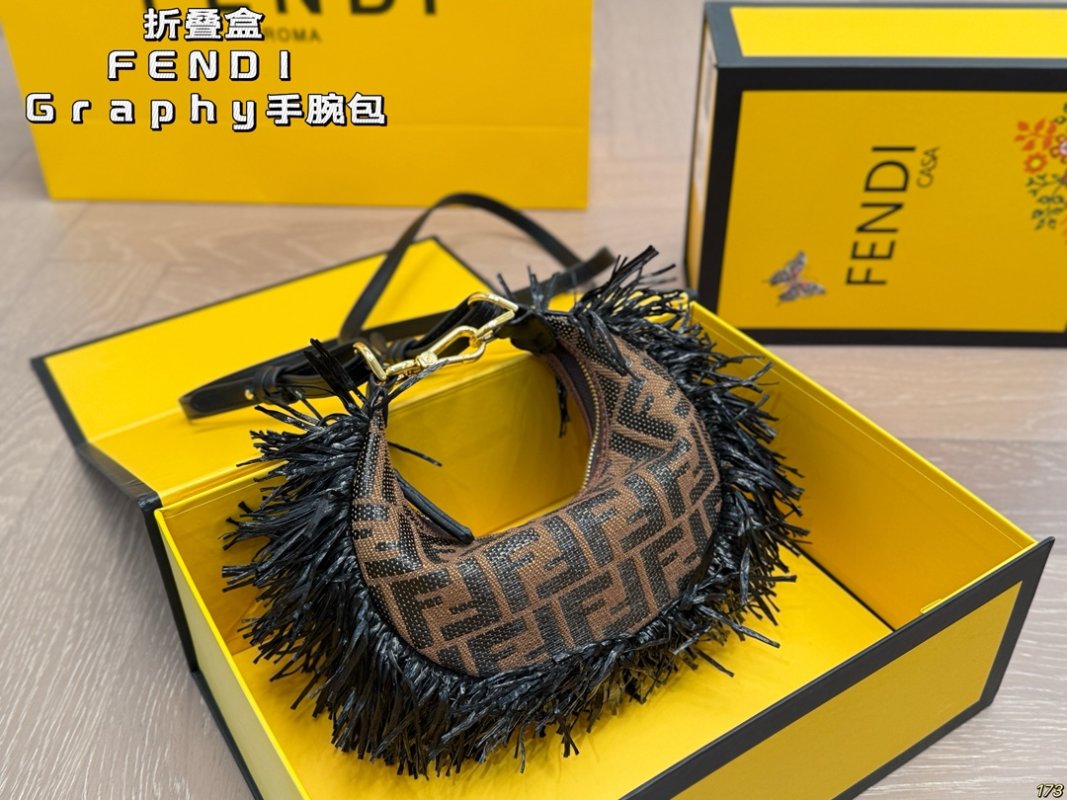 Fendi Graphy Wristlet Bag Brown Monogram with Black Fringe