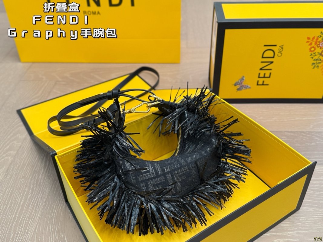 Fendi Graphy Wristlet Bag Brown Monogram with Black Fringe view