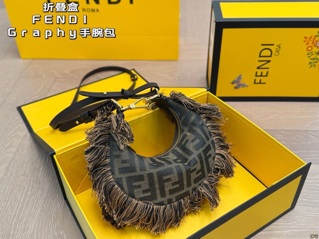 Fendi Graphy Wristlet Bag Brown Monogram with Black Fringe view