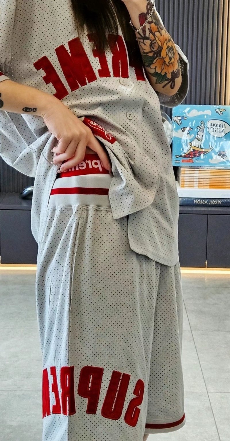White Mesh Shorts with Red Athletic Stripes