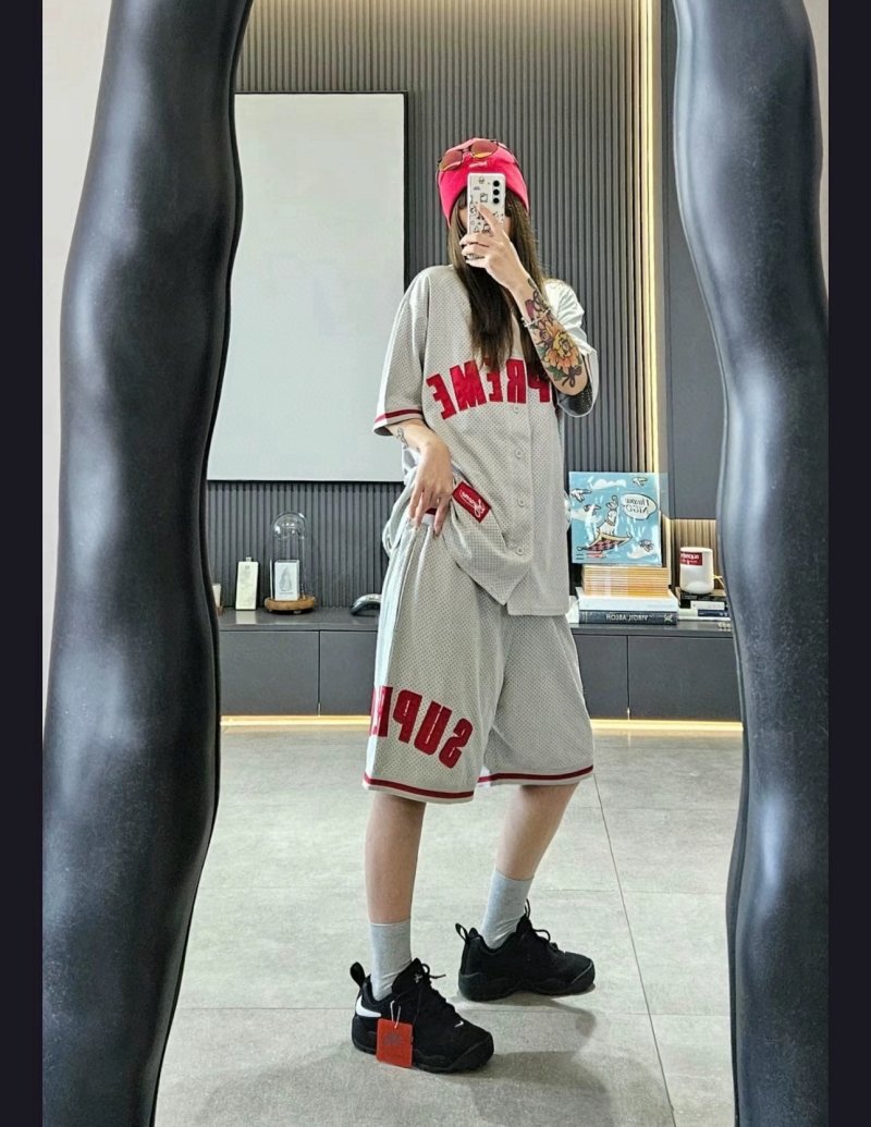 White Mesh Shorts with Red Athletic Stripes view