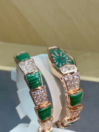 Bulgari Serpenti Rose Gold Green Malachite Diamond Watch view 5