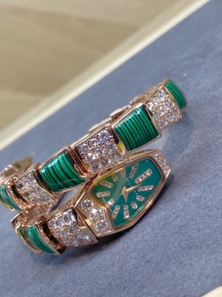 Bulgari Serpenti Rose Gold Green Malachite Diamond Watch view 6