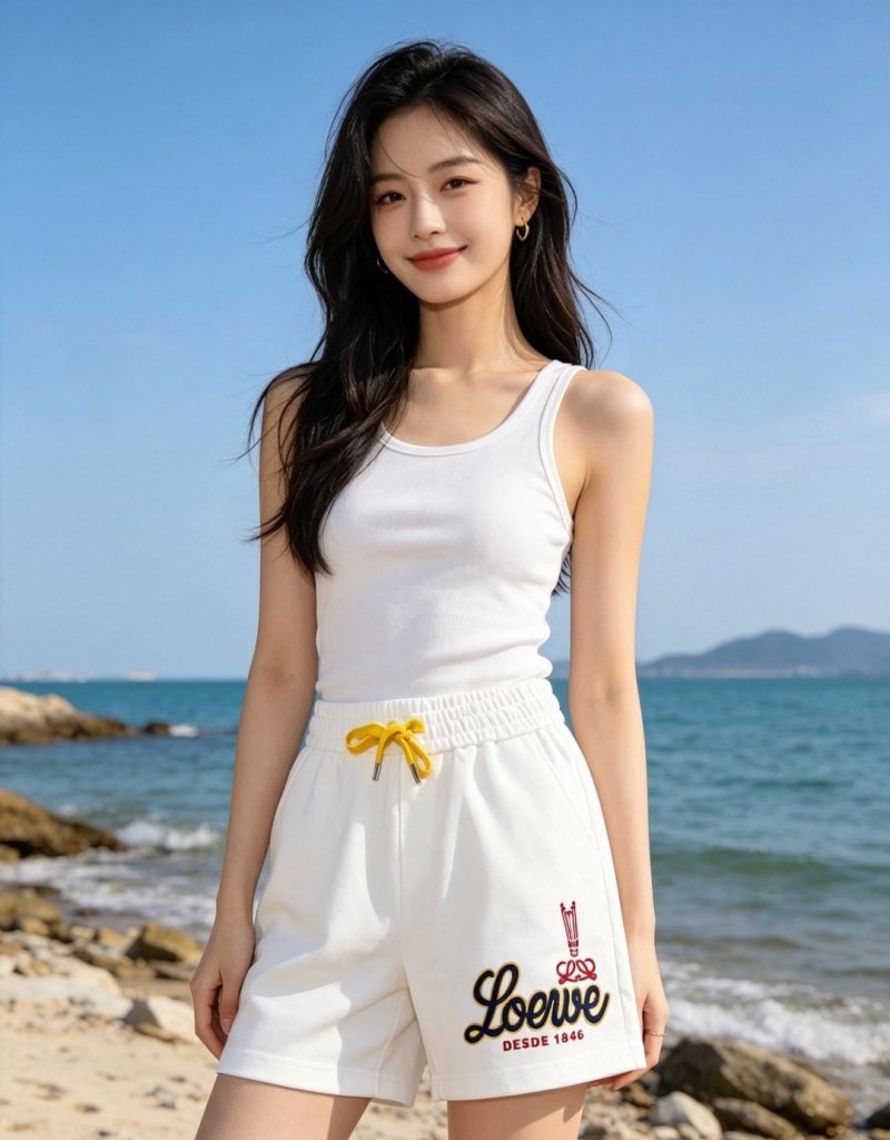 White Embroidered Logo Athletic Shorts with Yellow Drawstring