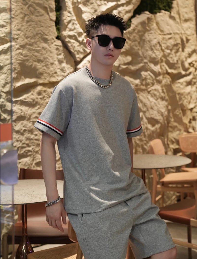 Grey Striped Sleeve T-Shirt with Shorts Set