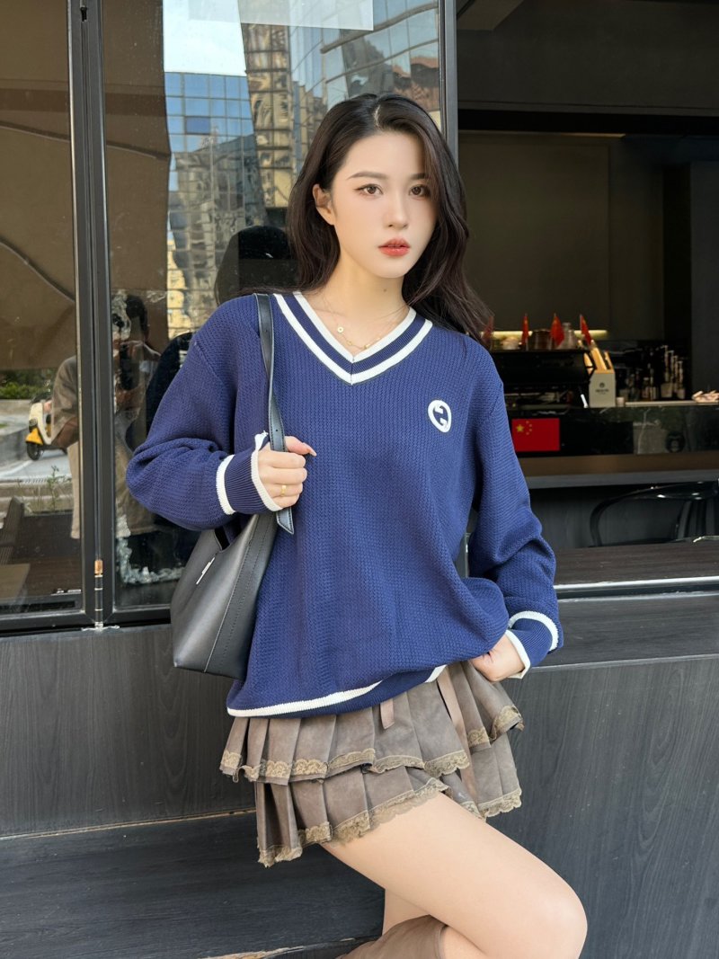 Navy V-Neck Varsity Stripe Ribbed Sweater view