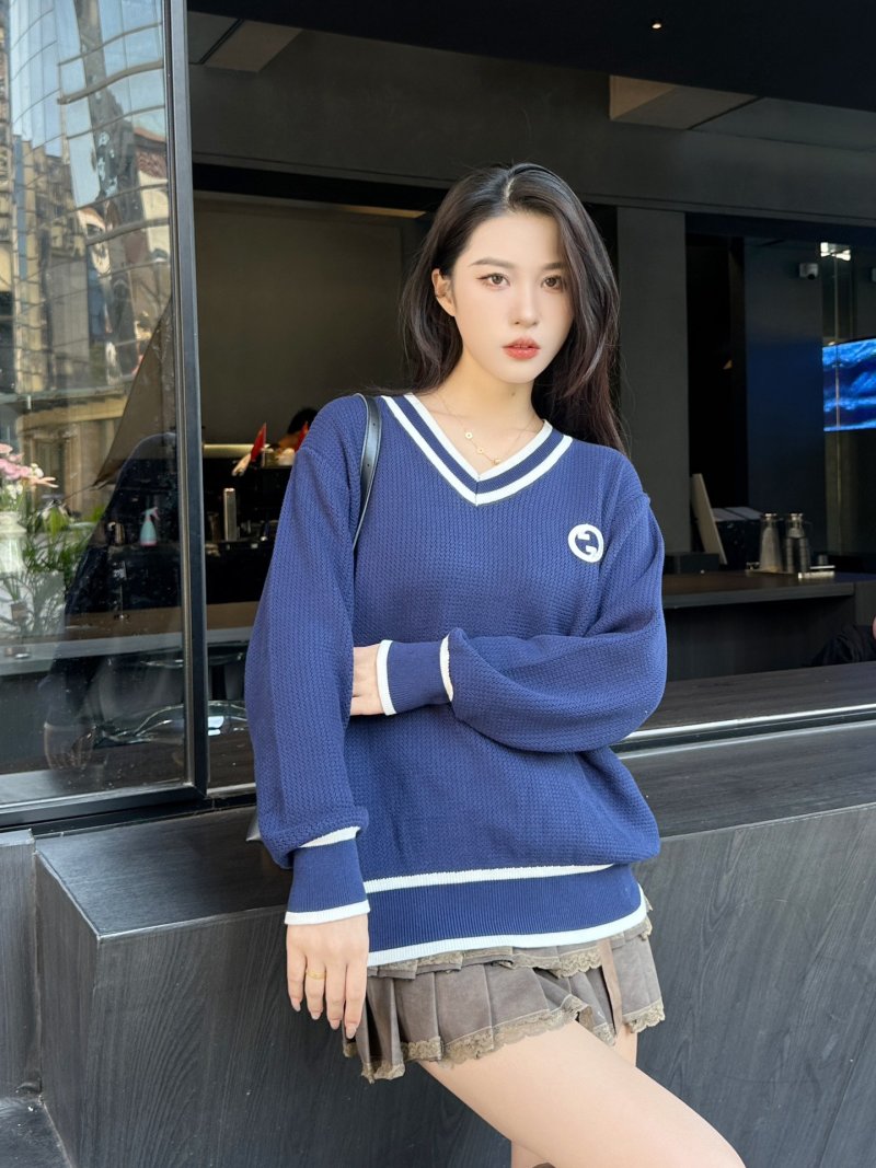 Navy V-Neck Varsity Stripe Ribbed Sweater view