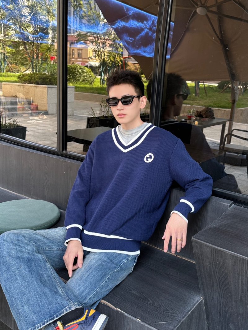 Navy V-Neck Varsity Stripe Ribbed Sweater view