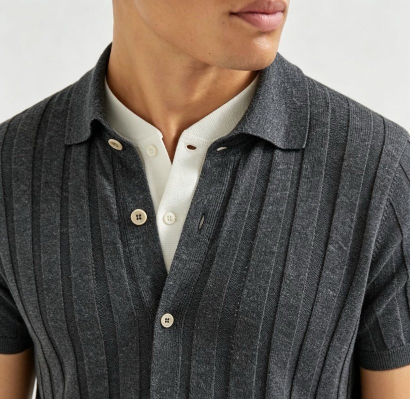 Charcoal Grey Vertical Striped Knit Polo Shirt