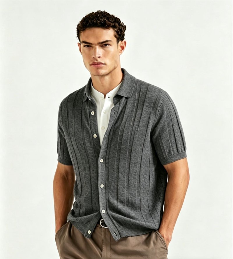 Charcoal Grey Vertical Striped Knit Polo Shirt view
