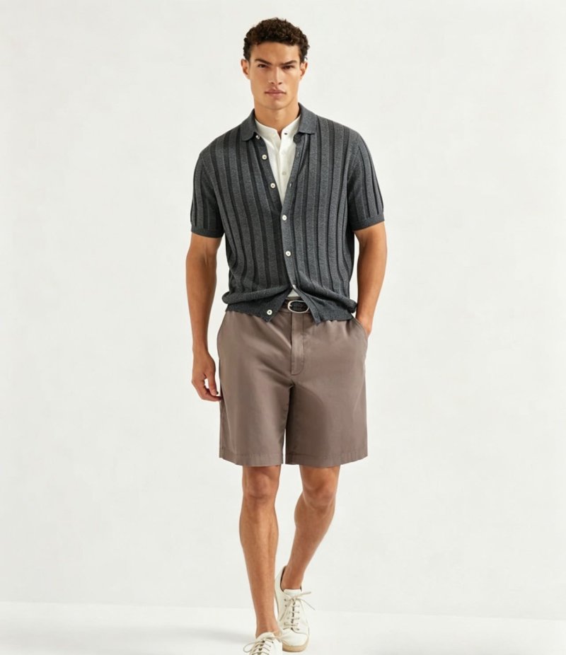 Charcoal Grey Vertical Striped Knit Polo Shirt view