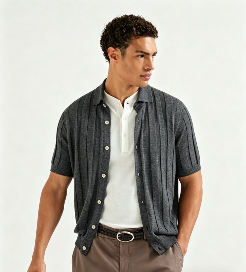 Charcoal Grey Vertical Striped Knit Polo Shirt view