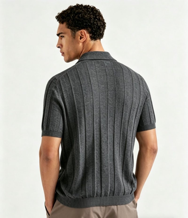 Charcoal Grey Vertical Striped Knit Polo Shirt view