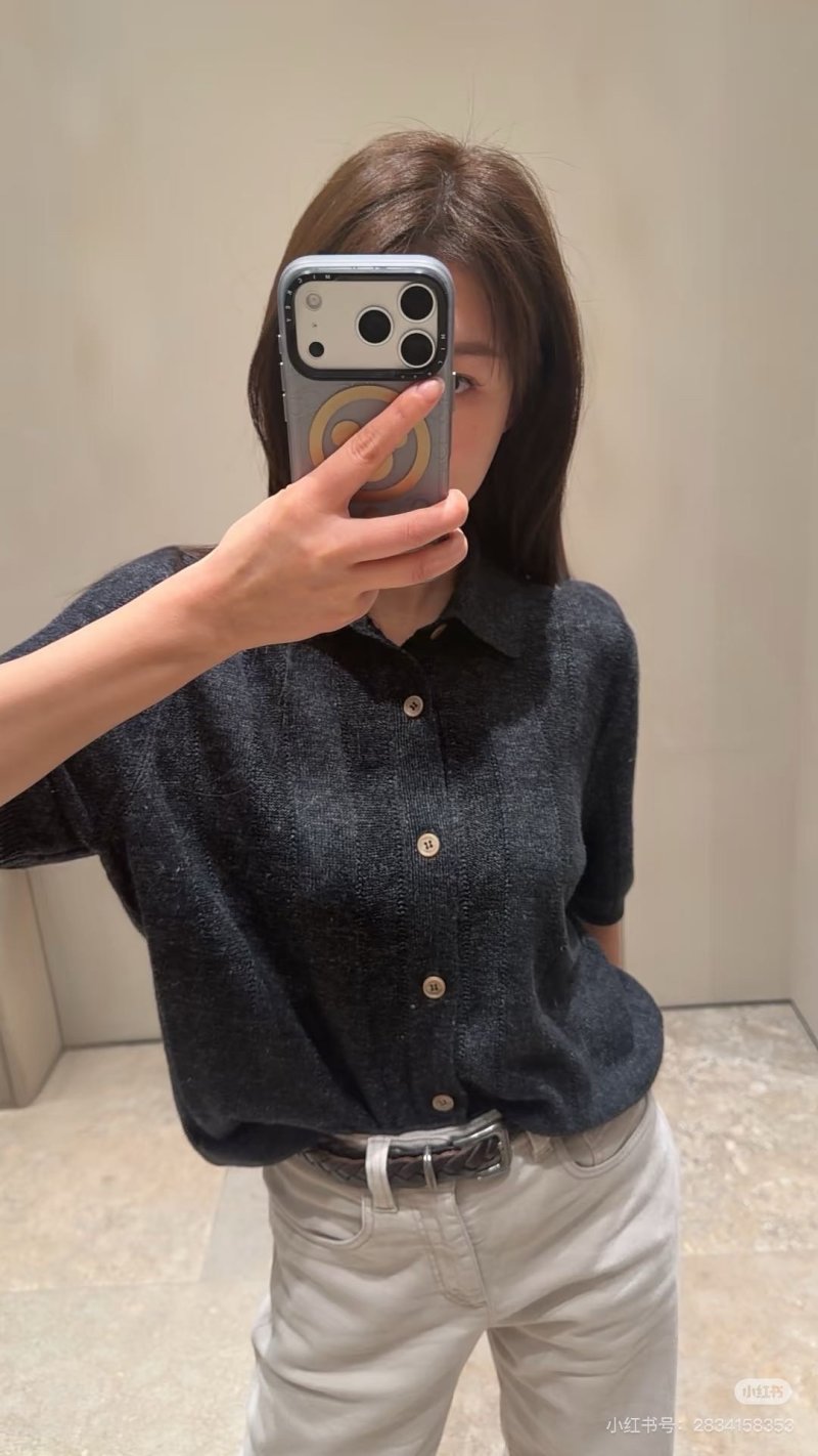 Charcoal Grey Vertical Striped Knit Polo Shirt view