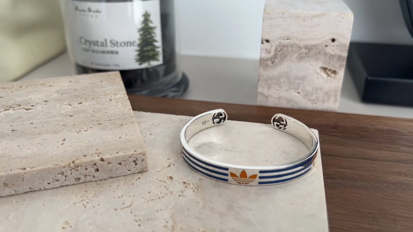 Gucci x Adidas Collaboration Double G Trefoil Cuff Bracelet Silver