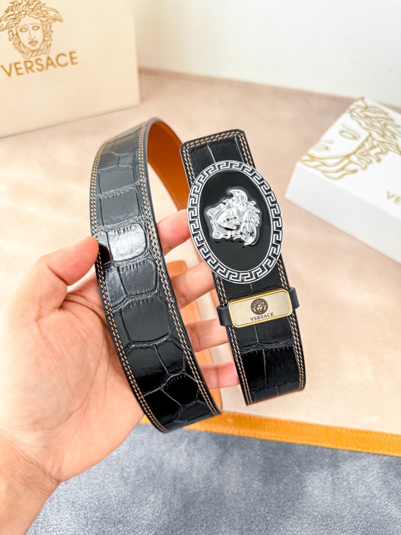 Versace Medusa Head Crocodile Leather Belt - Black
