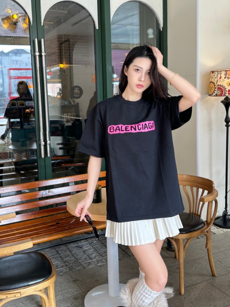 Balenciaga Logo Black T-Shirt Pink Print