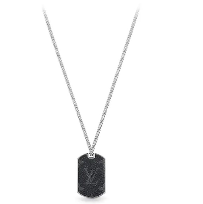 Louis Vuitton Monogram Dog Tag Silver Chain Necklace