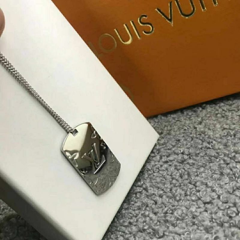 Louis Vuitton Monogram Dog Tag Silver Chain Necklace view