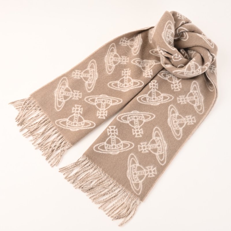 Vivienne Westwood Orb Logo Wool Cashmere Fringe Scarf Beige