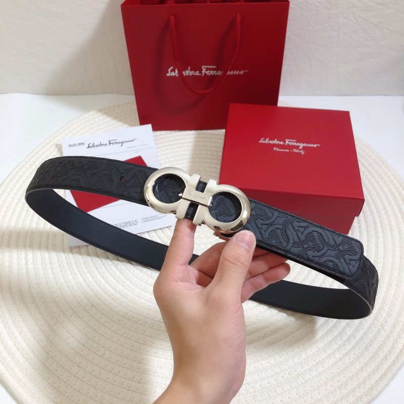 Salvatore Ferragamo Double Gancio Black Embossed Leather Belt