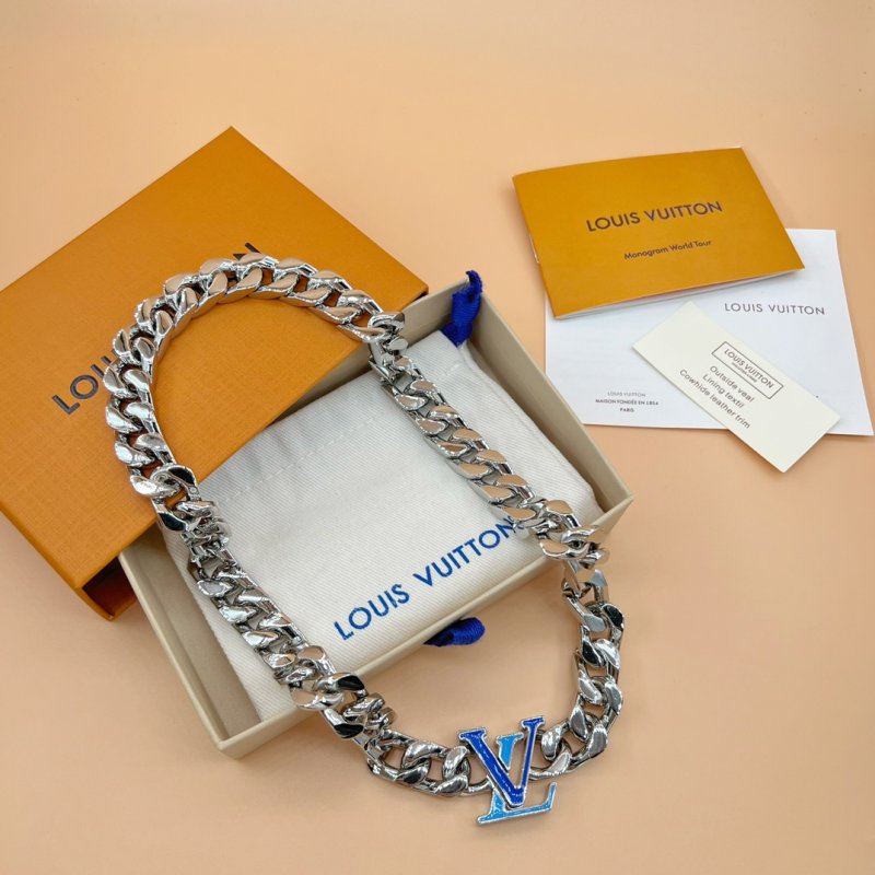 Louis Vuitton LV Cuban Chain Necklace Silver Blue
