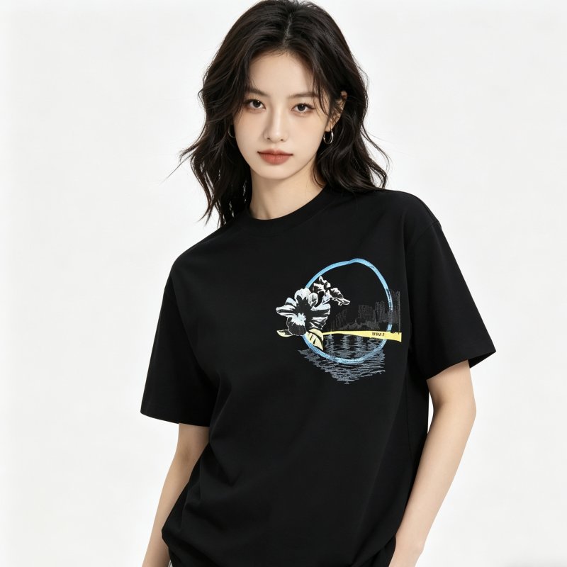 Black Graphic Print Short Sleeve T-Shirt with Floral Circle Design