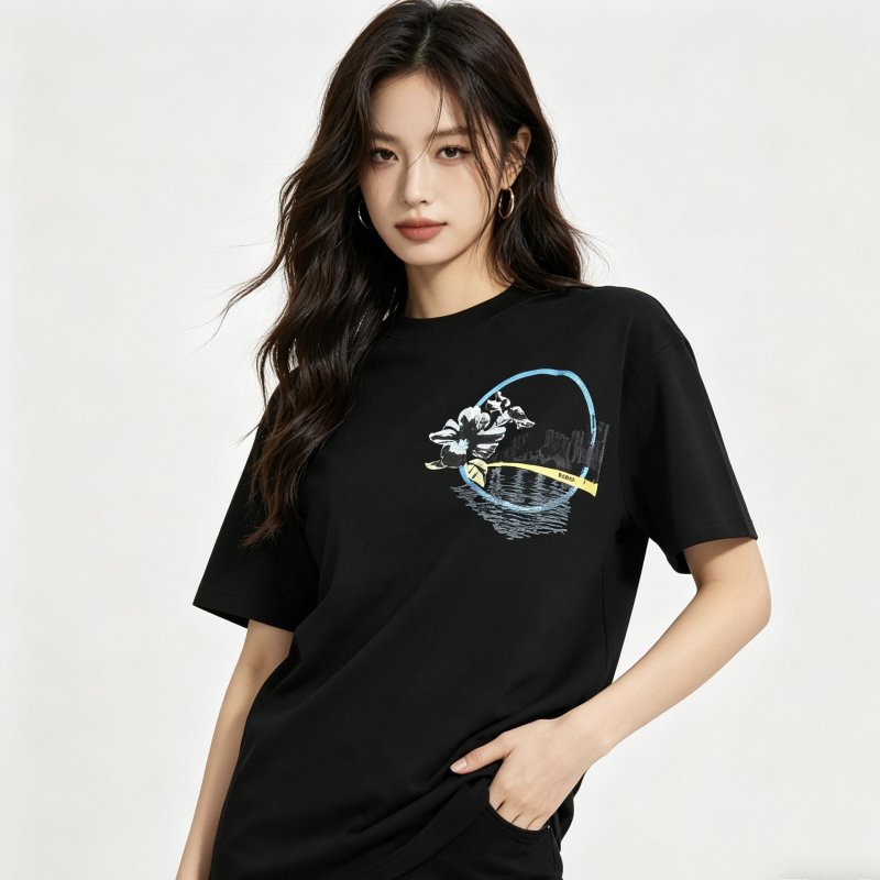 Black Graphic Print Short Sleeve T-Shirt with Floral Circle Design view
