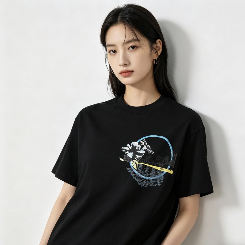 Black Graphic Print Short Sleeve T-Shirt with Floral Circle Design view