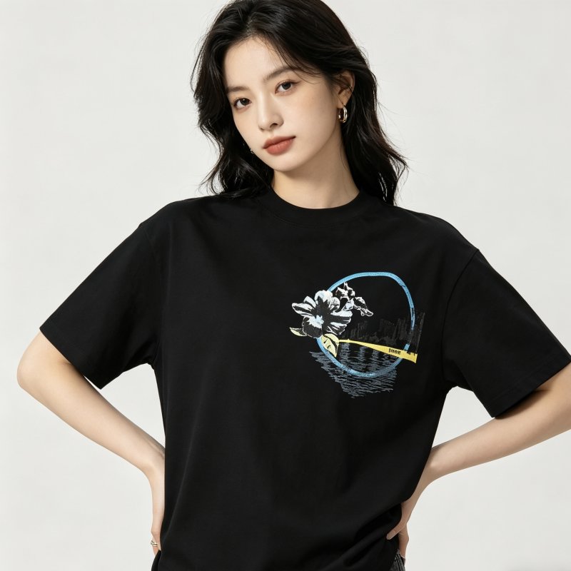 Black Graphic Print Short Sleeve T-Shirt with Floral Circle Design view