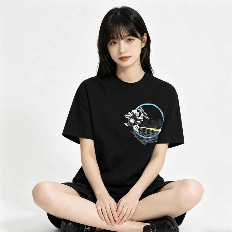 Black Graphic Print Short Sleeve T-Shirt with Floral Circle Design view