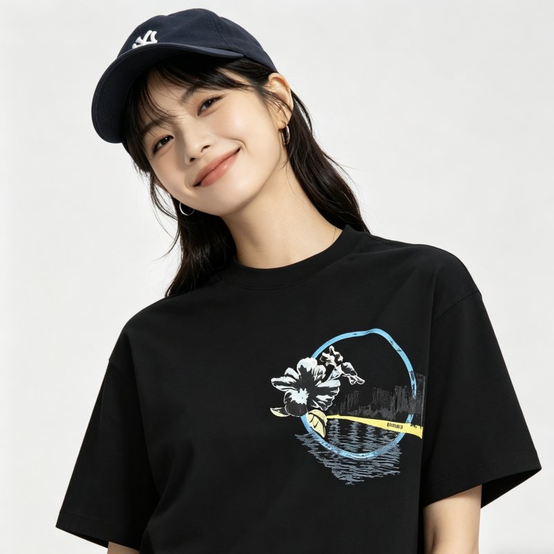 Black Graphic Print Short Sleeve T-Shirt with Floral Circle Design view