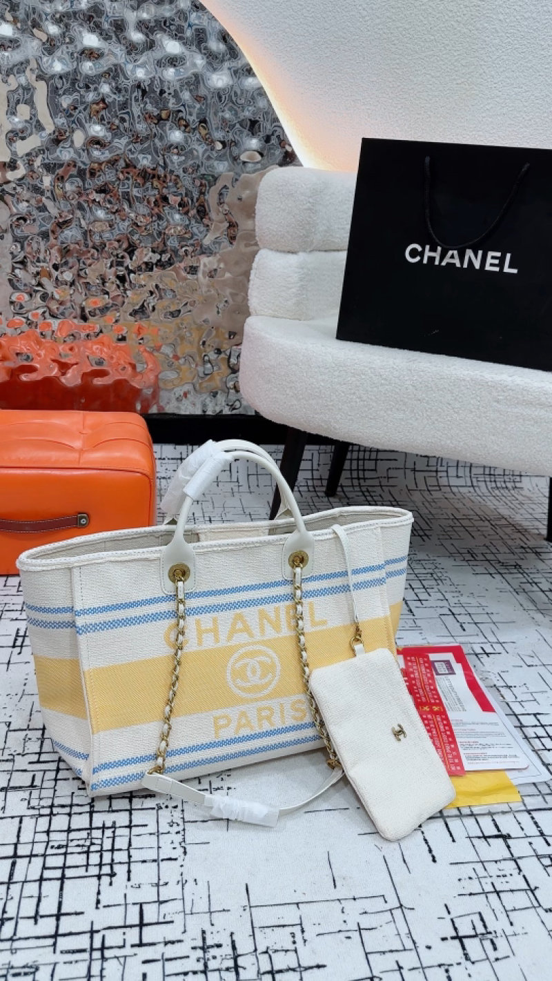 Chanel Deauville Stripe Canvas Tote White Blue Yellow