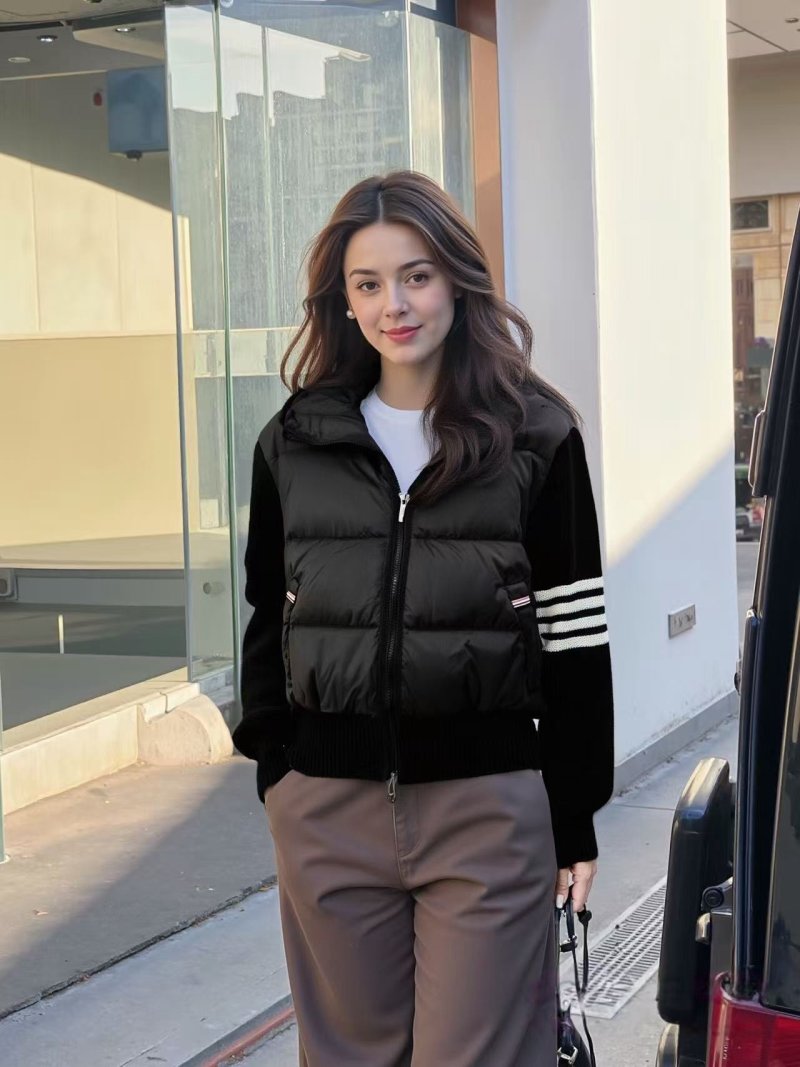 Black Puffer Down Jacket with Stripe Arm Detail