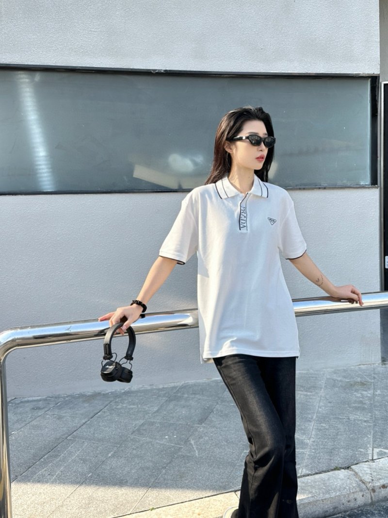 Prada White Short-Sleeve Polo Shirt with Striped Collar