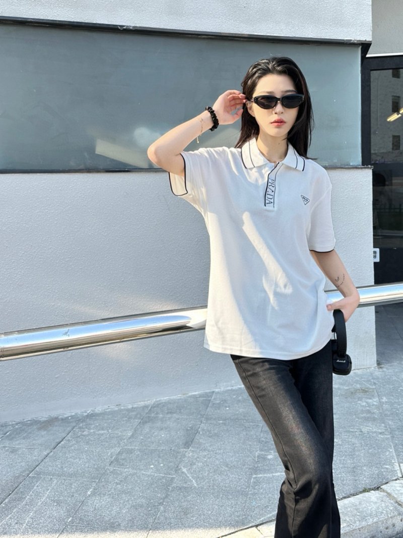 Prada White Short-Sleeve Polo Shirt with Striped Collar view