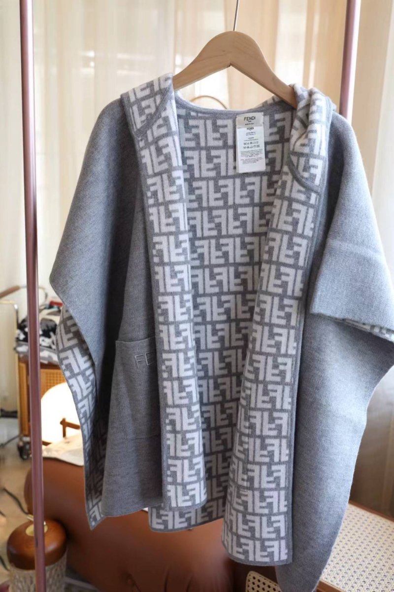 Fendi Dual-Sided Wool Cashmere Blend Monogram Cape Scarf - Grey