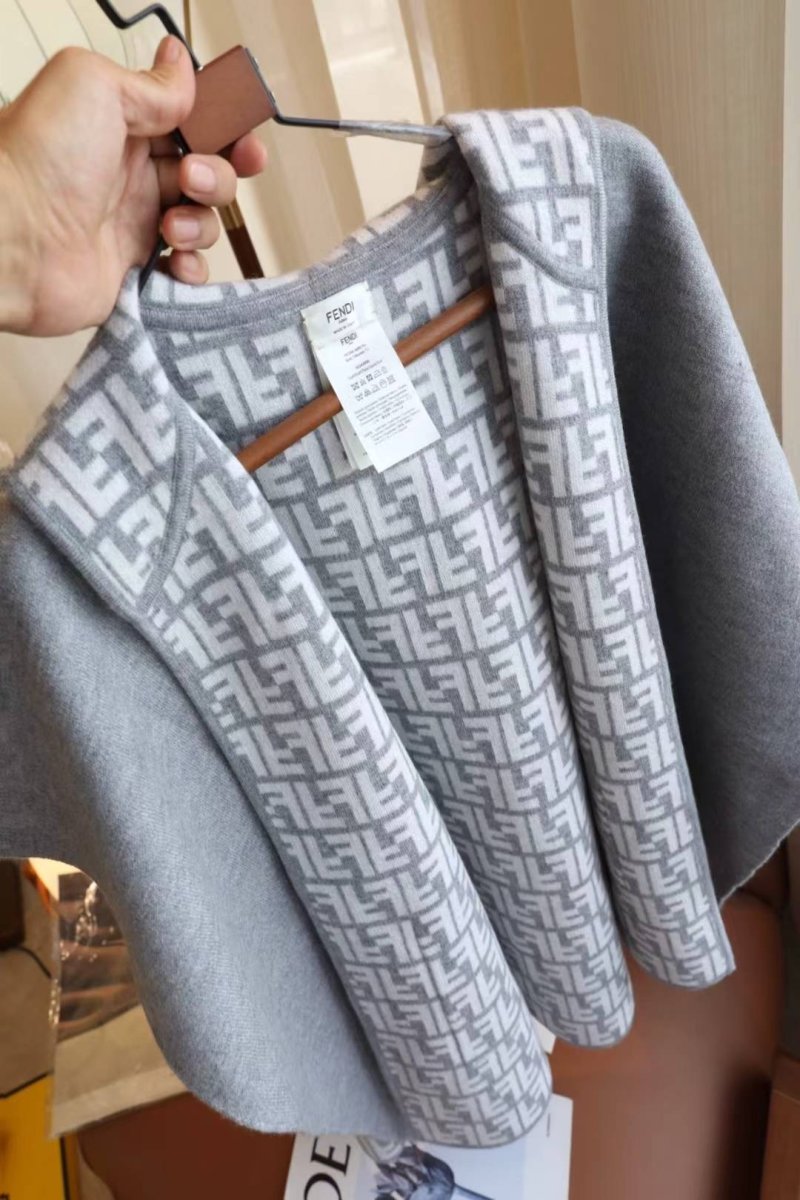 Fendi Dual-Sided Wool Cashmere Blend Monogram Cape Scarf - Grey view